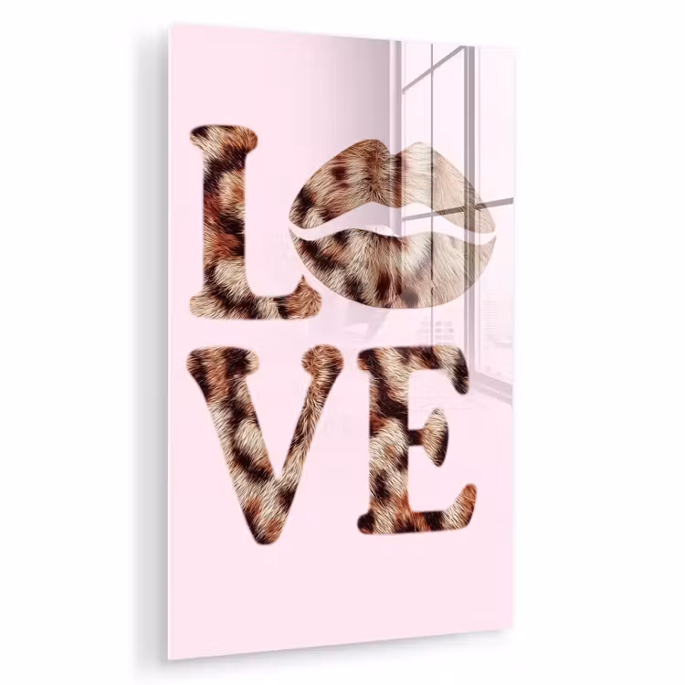 Glas schilderij - Tekst - Love - Pantervacht - Lichtroze — 1