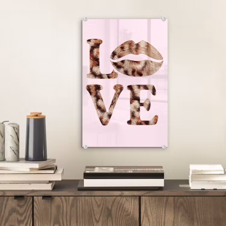 Glas schilderij - Tekst - Love - Pantervacht - Lichtroze — 2