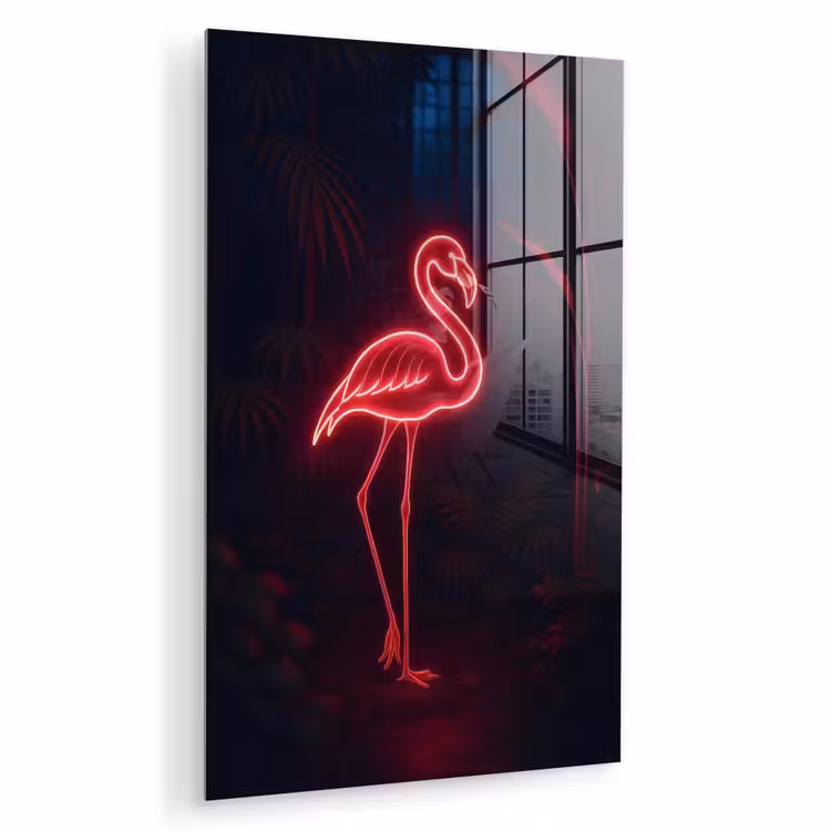 Glas schilderij - Flamingo - Roze - Neon - Licht — 1