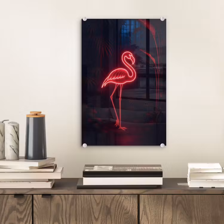 Glas schilderij - Flamingo - Roze - Neon - Licht — 2