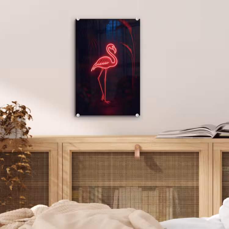 Glas schilderij - Flamingo - Roze - Neon - Licht — 5