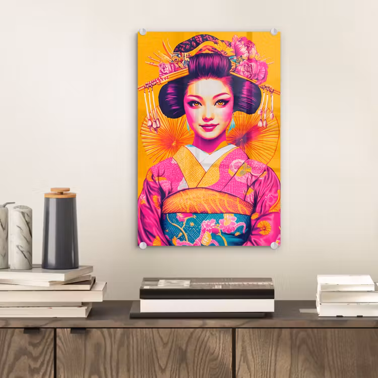 Glas schilderij - Bloemen - Vrouw - Kimono - Roze — 2