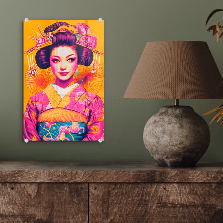 Glas schilderij - Bloemen - Vrouw - Kimono - Roze — 4