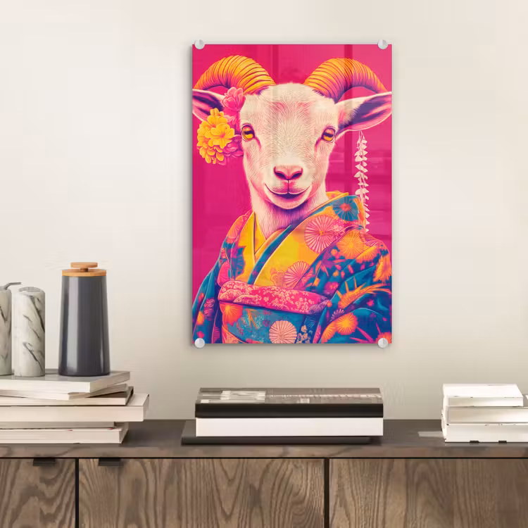 Glas schilderij - Geit - Hoorns - Kimono - Kleurrijk — 2