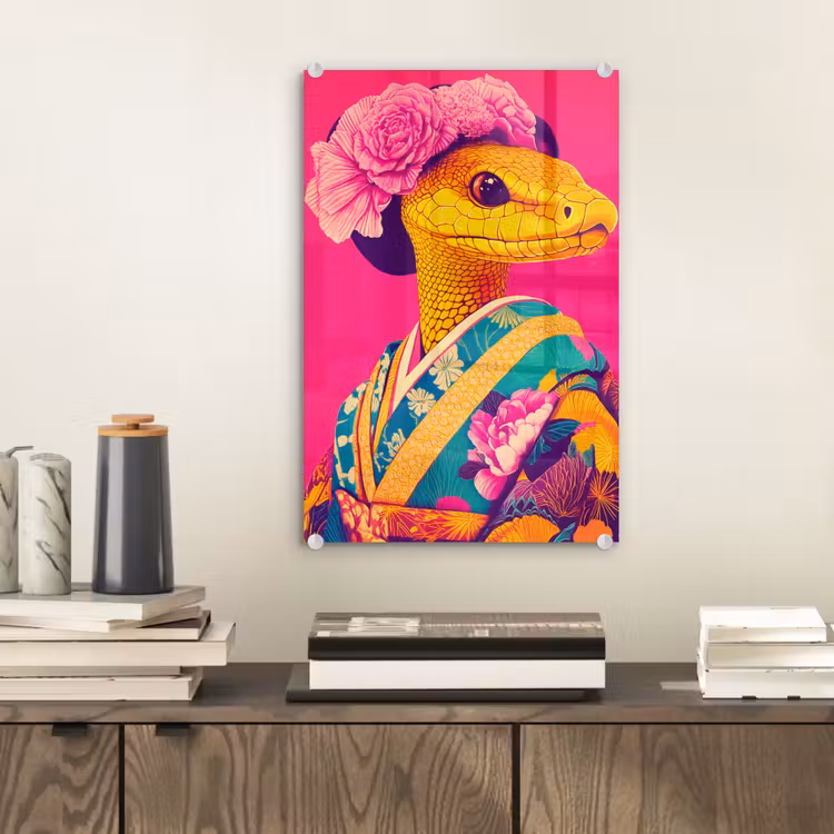 Glas schilderij - Hagedis - Bloemen - Roze - Kimono — 2