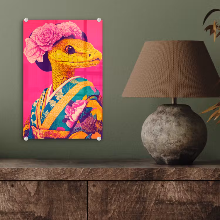Glas schilderij - Hagedis - Bloemen - Roze - Kimono — 4