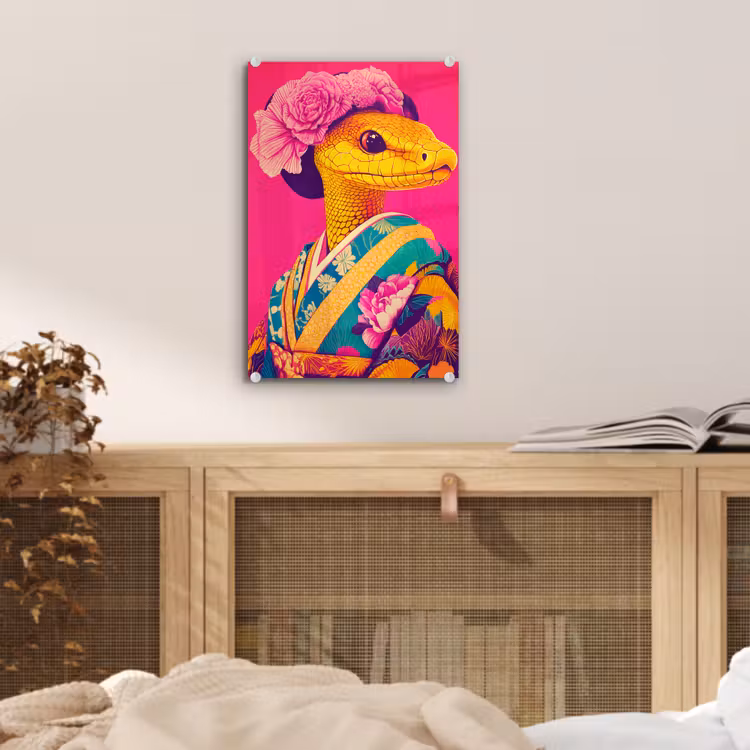 Glas schilderij - Hagedis - Bloemen - Roze - Kimono — 5