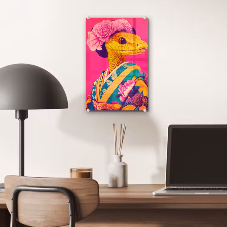 Glas schilderij - Hagedis - Bloemen - Roze - Kimono — 7