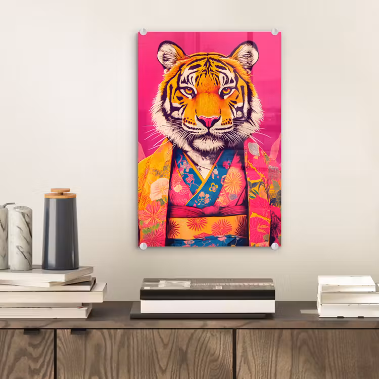 Glas schilderij - Tijger - Kimono - Planten - Roze — 2