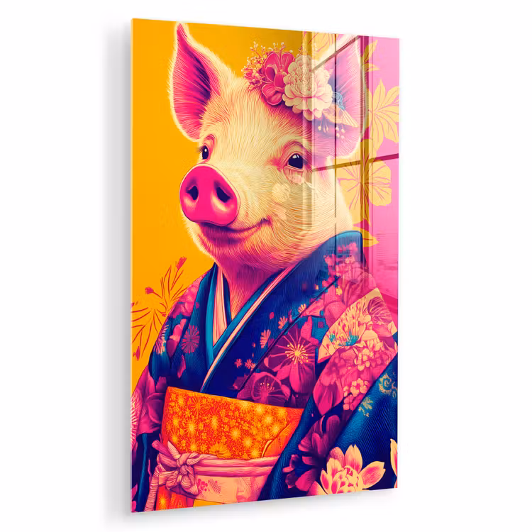 Glas schilderij - Varken - Bloemkroon - Kimono - Abstract — 1