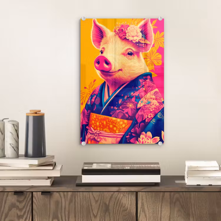 Glas schilderij - Varken - Bloemkroon - Kimono - Abstract — 2