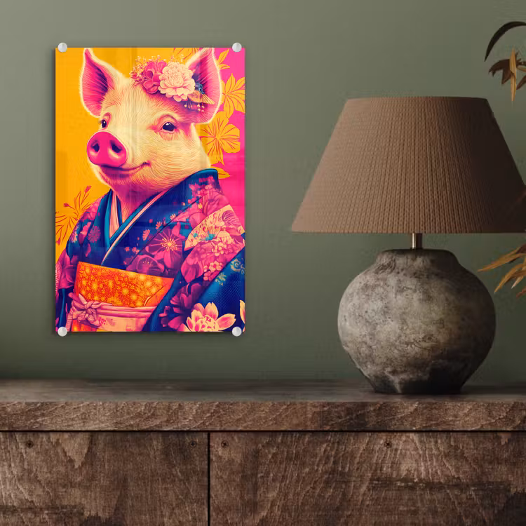 Glas schilderij - Varken - Bloemkroon - Kimono - Abstract — 4