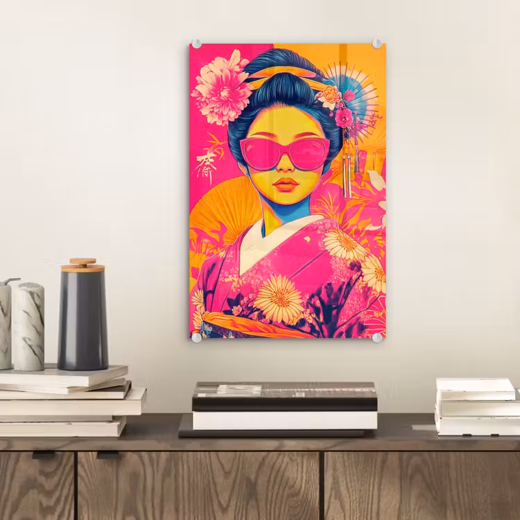 Glas schilderij - Vrouw - Zonnebril - Abstract - Oranje — 2