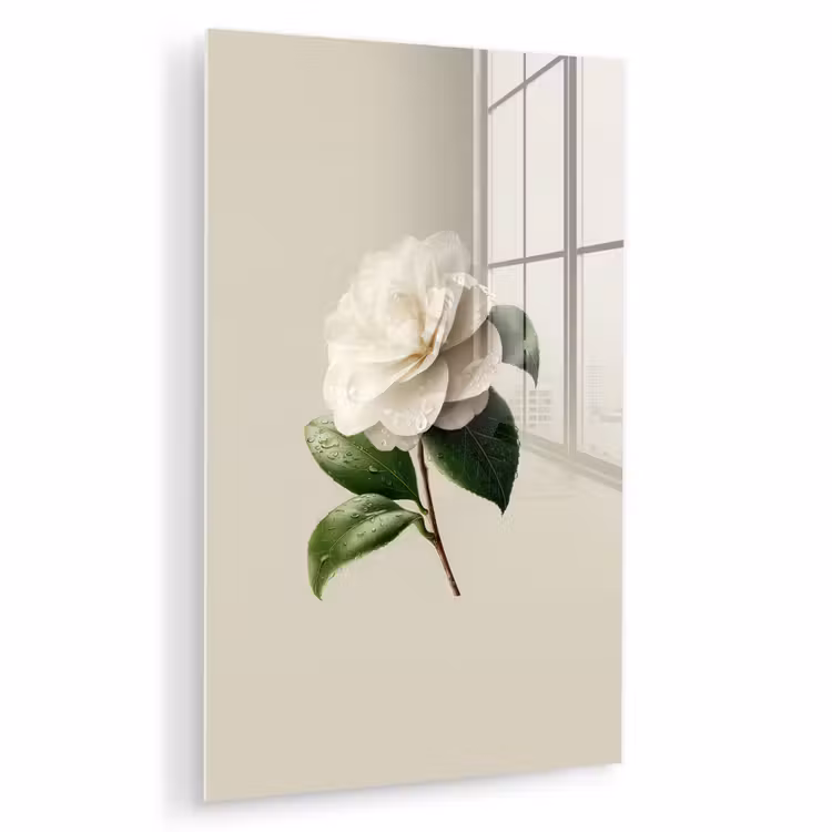 Glas schilderij - Cameliabloem - Wit - Groen — 1