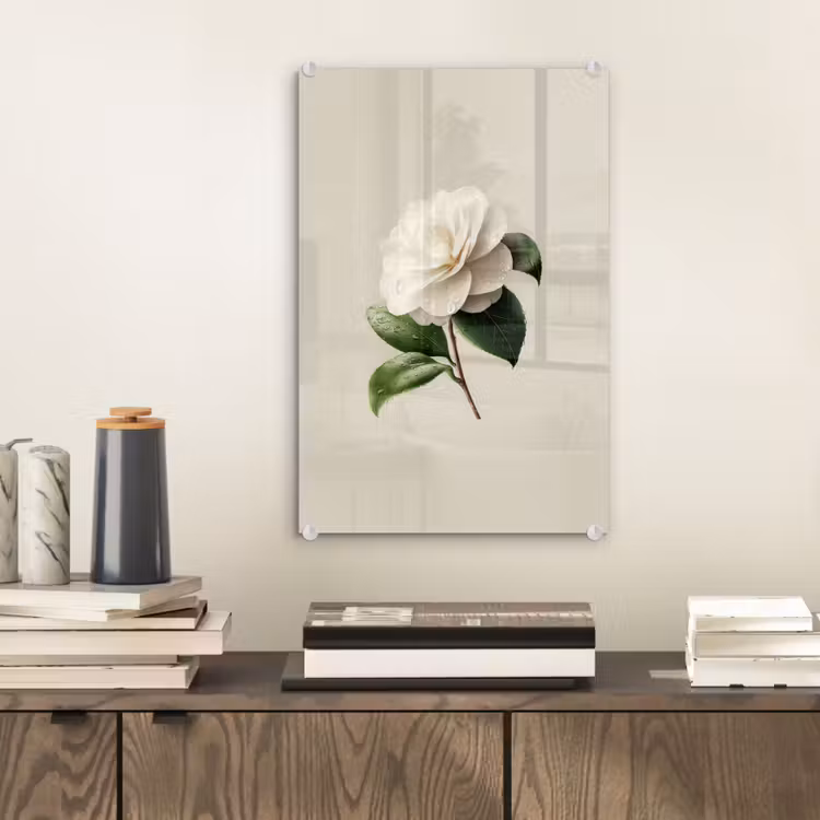 Glas schilderij - Cameliabloem - Wit - Groen — 2