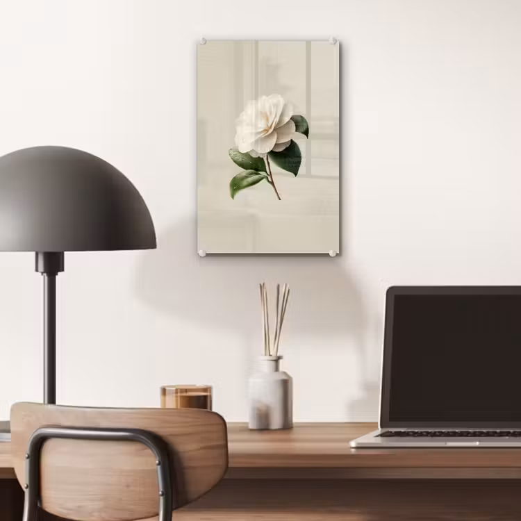 Glas schilderij - Cameliabloem - Wit - Groen — 7