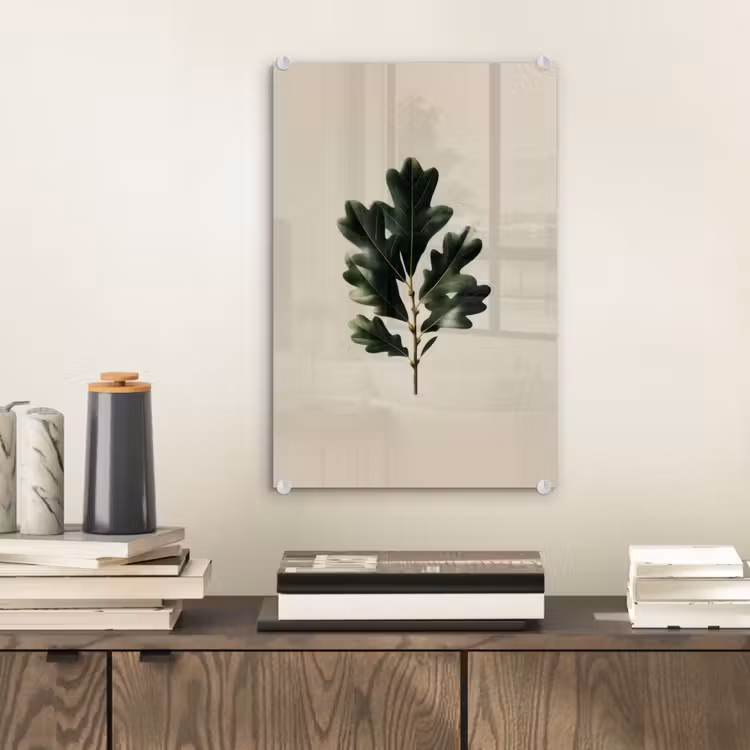 Glas schilderij - Eikenbladeren - Beige - Groen - Golvende randen — 2