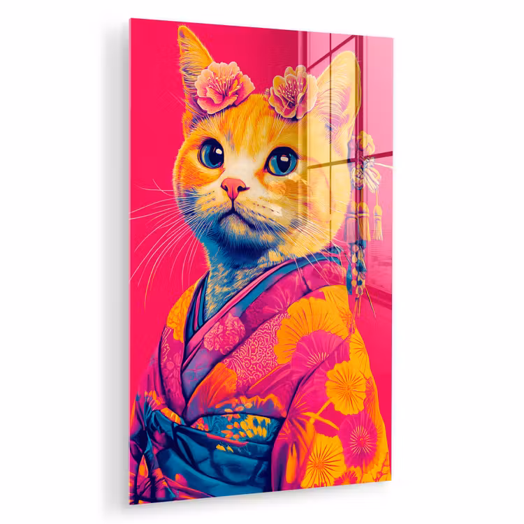 Glas schilderij - Kat - Kimono - Bloemen - Roze — 1
