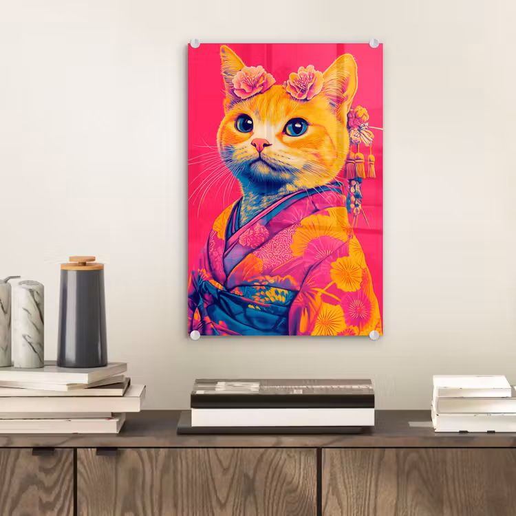 Glas schilderij - Kat - Kimono - Bloemen - Roze — 2