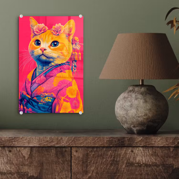 Glas schilderij - Kat - Kimono - Bloemen - Roze — 4