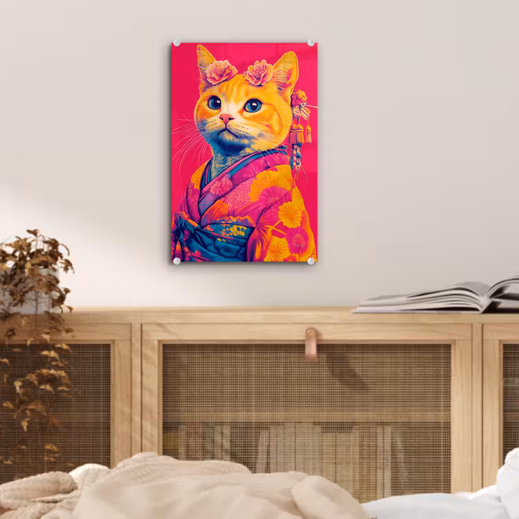 Glas schilderij - Kat - Kimono - Bloemen - Roze — 5