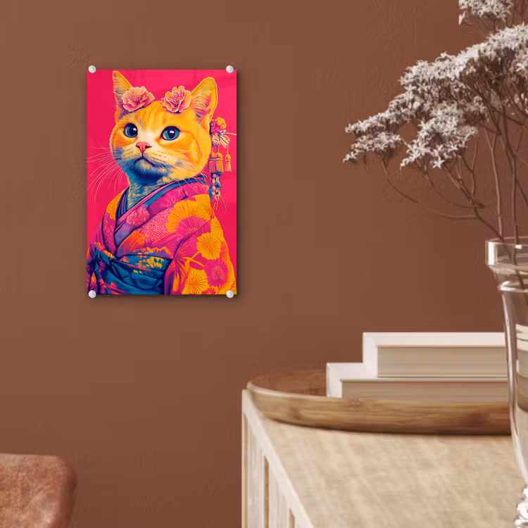Glas schilderij - Kat - Kimono - Bloemen - Roze — 6