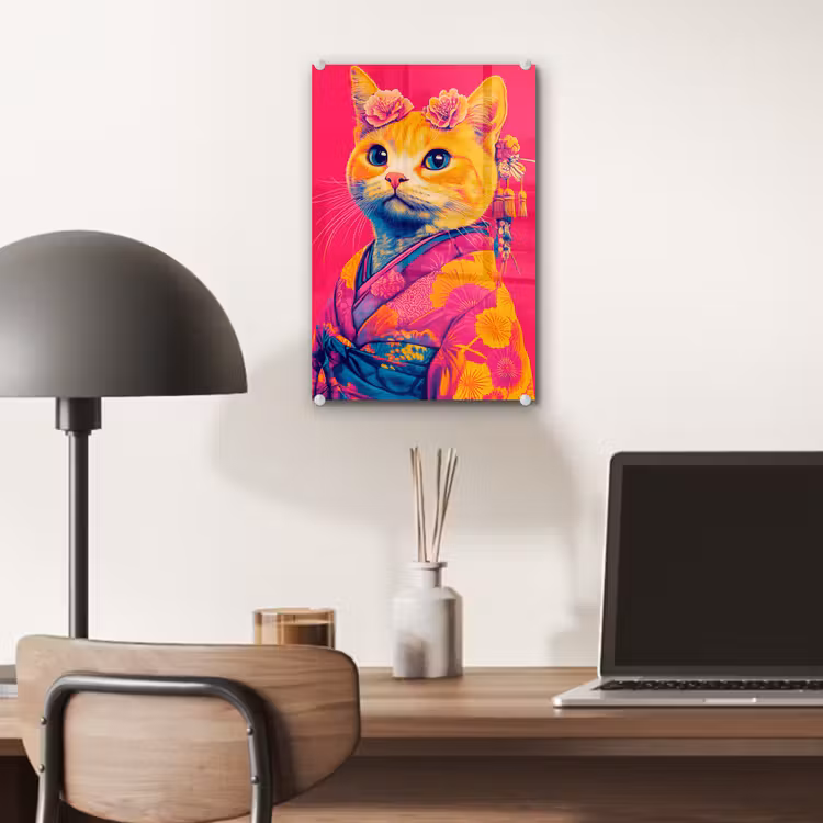 Glas schilderij - Kat - Kimono - Bloemen - Roze — 7