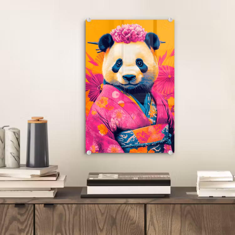 Glas schilderij - Kimono - Roze - Panda - Bloemenkroon — 2