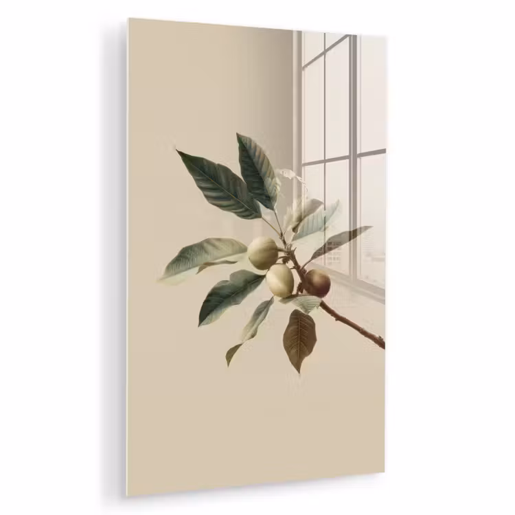 Glas schilderij - Tak - Groene Bladeren - Vruchten — 1