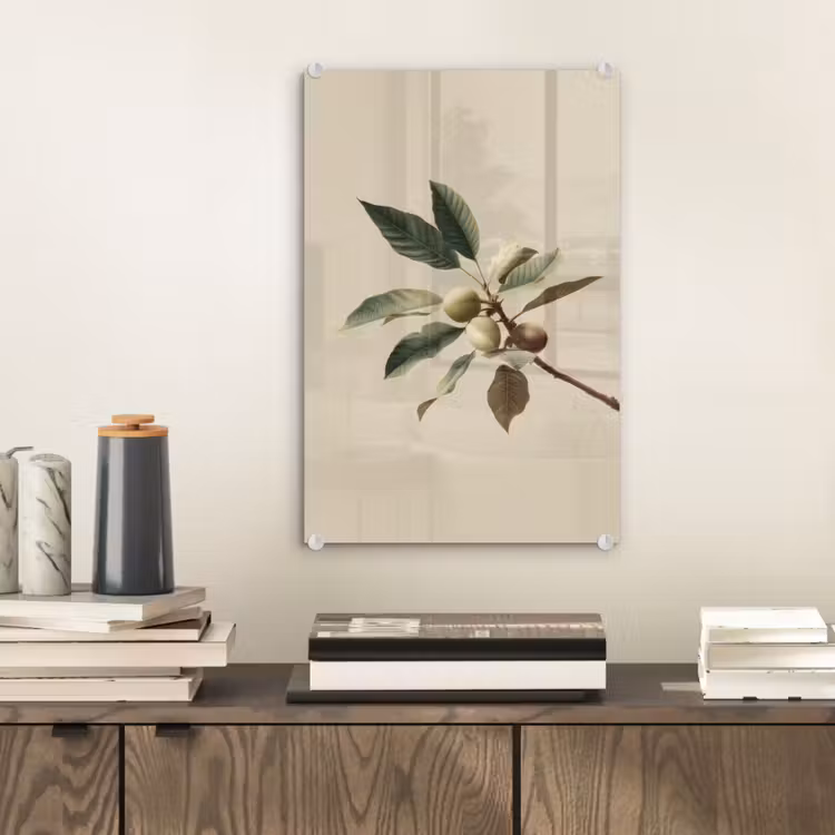 Glas schilderij - Tak - Groene Bladeren - Vruchten — 2