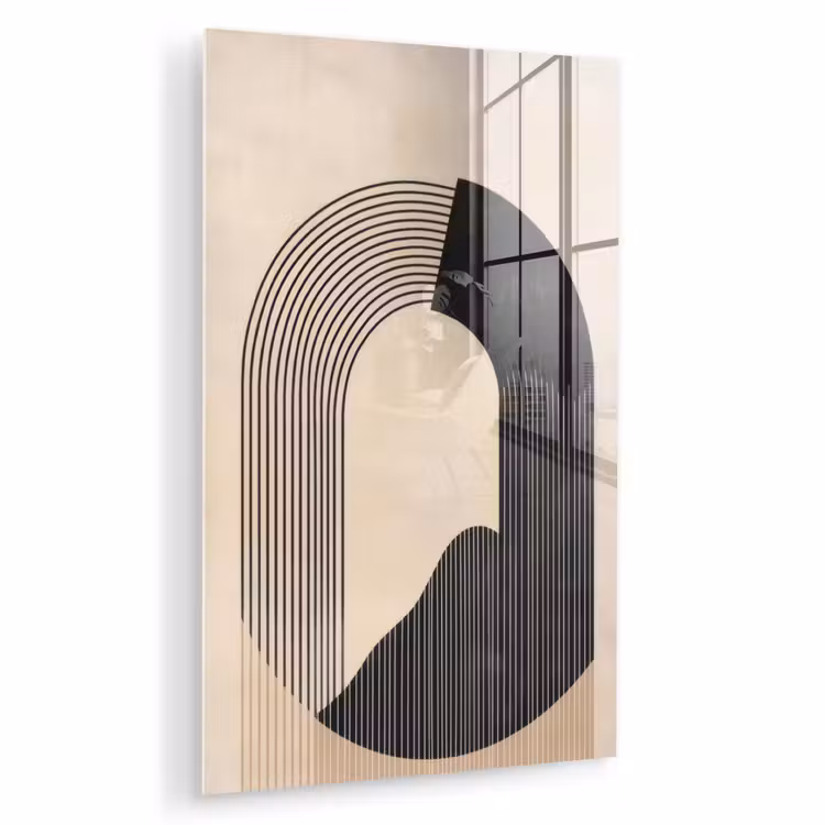 Glas schilderij - Grafisch gebogen motief - Beige — 1