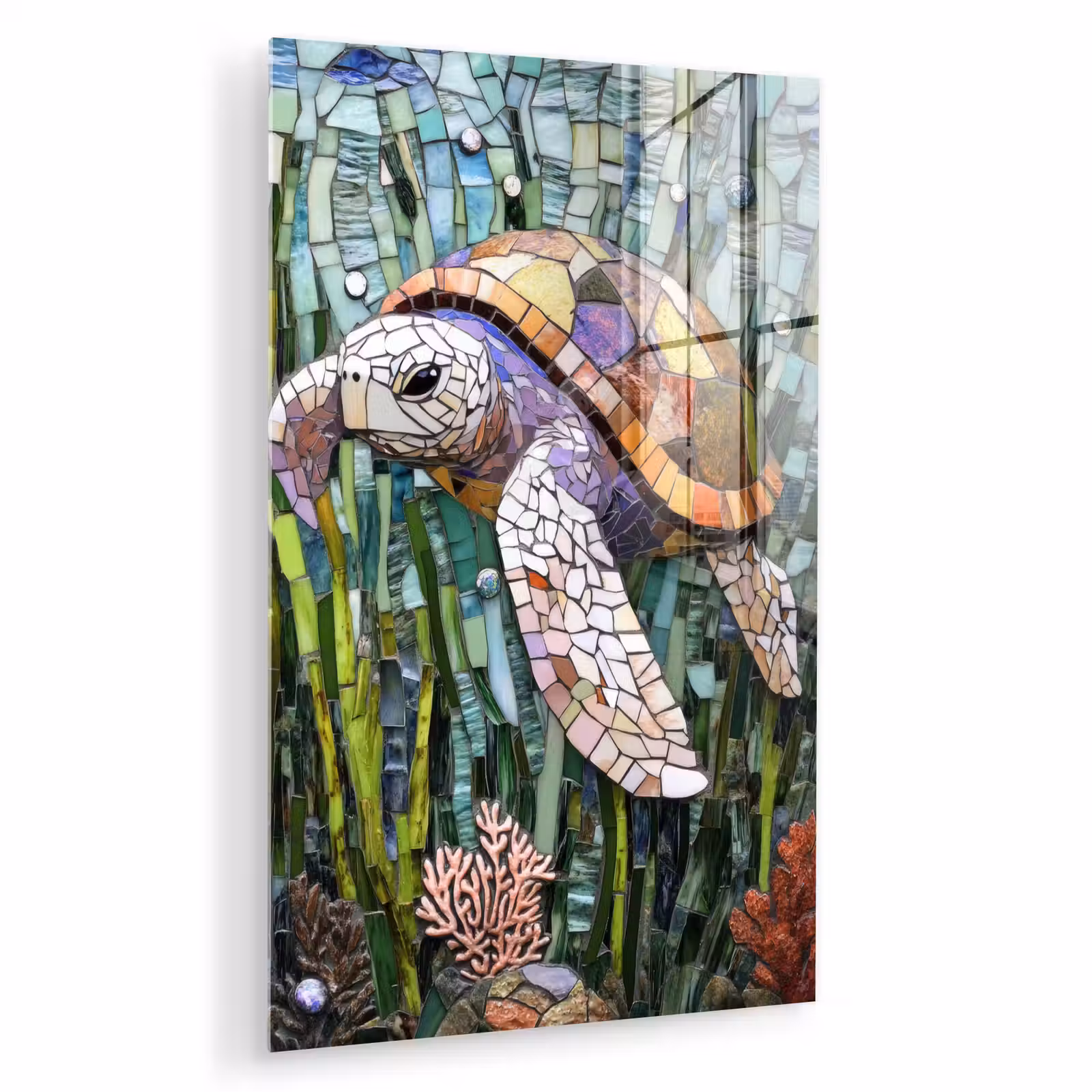Glas schilderij - Schildpad - Zeewier - Mozaïek — 1