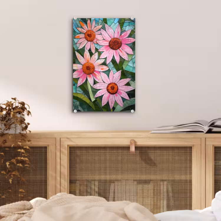 Glas schilderij - Bloemen - Roze - Glasmozaïek — 5
