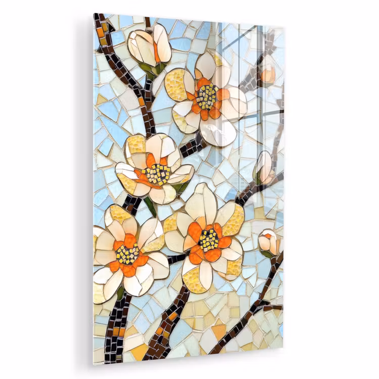 Glas schilderij - Bloesems - Wit - Mozaïek - Tak — 1