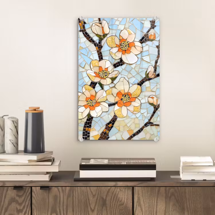 Glas schilderij - Bloesems - Wit - Mozaïek - Tak — 2