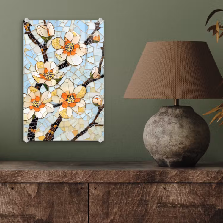 Glas schilderij - Bloesems - Wit - Mozaïek - Tak — 4