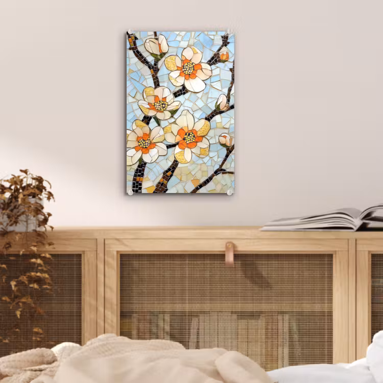 Glas schilderij - Bloesems - Wit - Mozaïek - Tak — 5