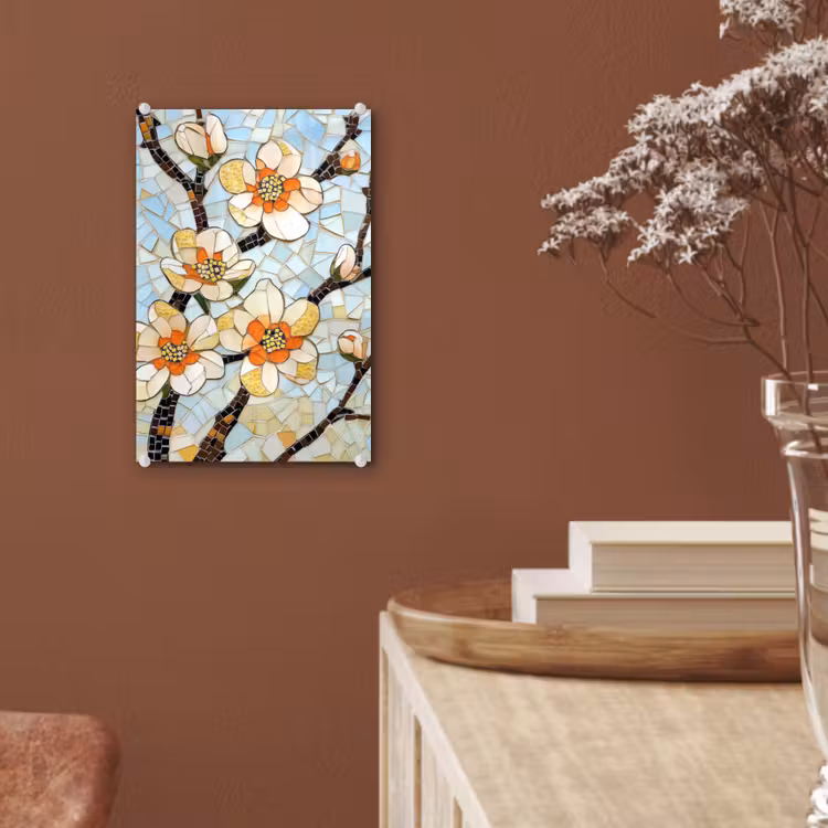 Glas schilderij - Bloesems - Wit - Mozaïek - Tak — 6