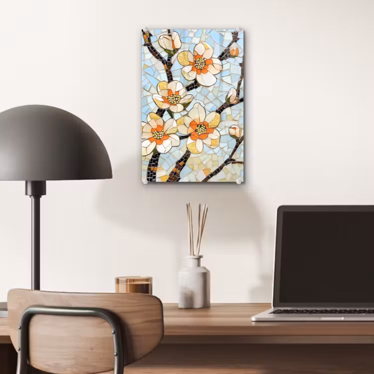 Glas schilderij - Bloesems - Wit - Mozaïek - Tak — 7