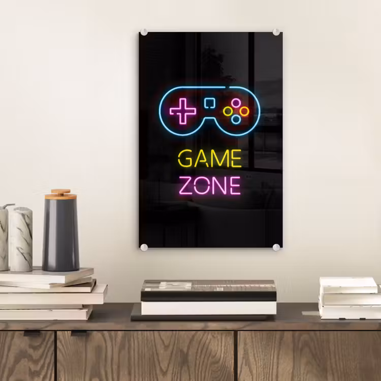 Glas schilderij - Controller - Game - Neon - Zwart - Quotes - Game zone — 2