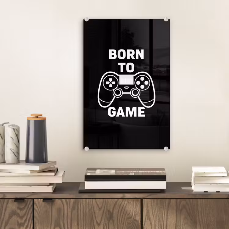 Glas schilderij - Gamen - Quotes - Controller - Born to game - Zwart - Wit — 2