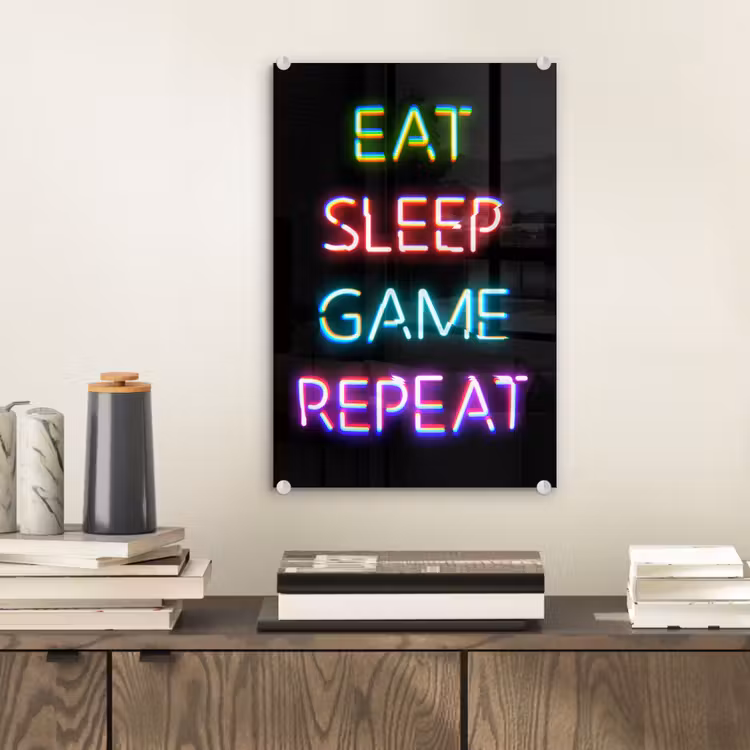 Glas schilderij - Gaming - Led - Quote - Eat sleep game repeat - Gamen — 2