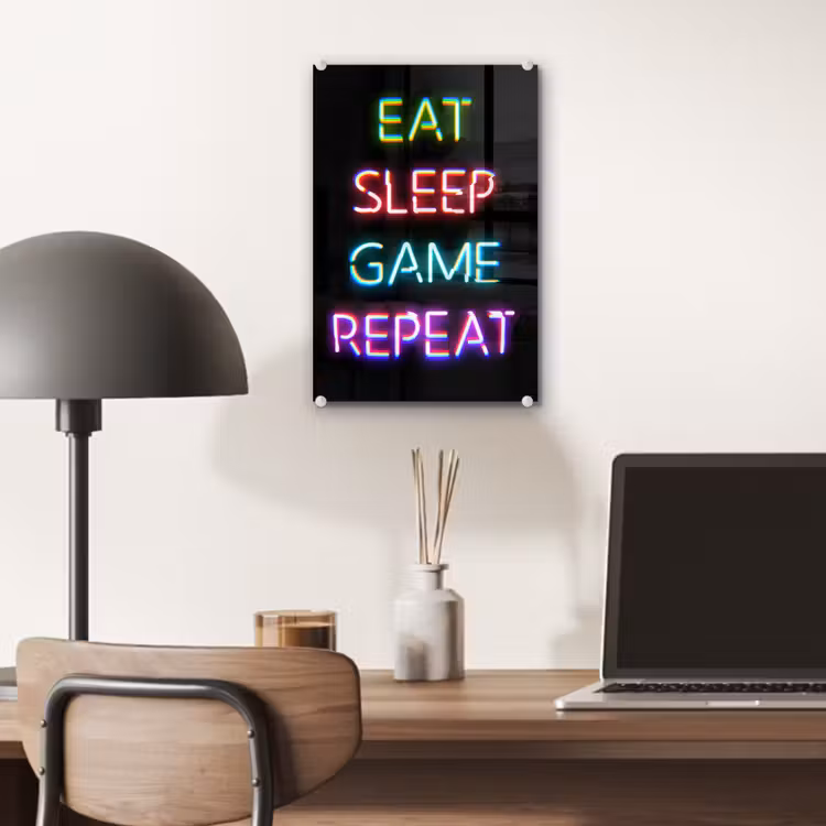 Glas schilderij - Gaming - Led - Quote - Eat sleep game repeat - Gamen — 7
