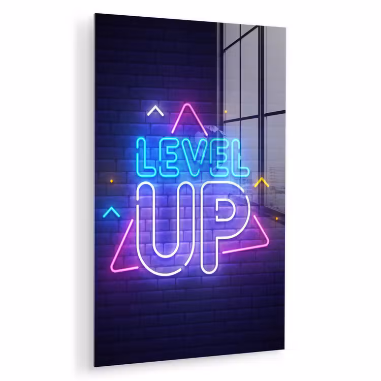 Glas schilderij - Gaming - Neon - Level Up - Quotes - Gamen — 1