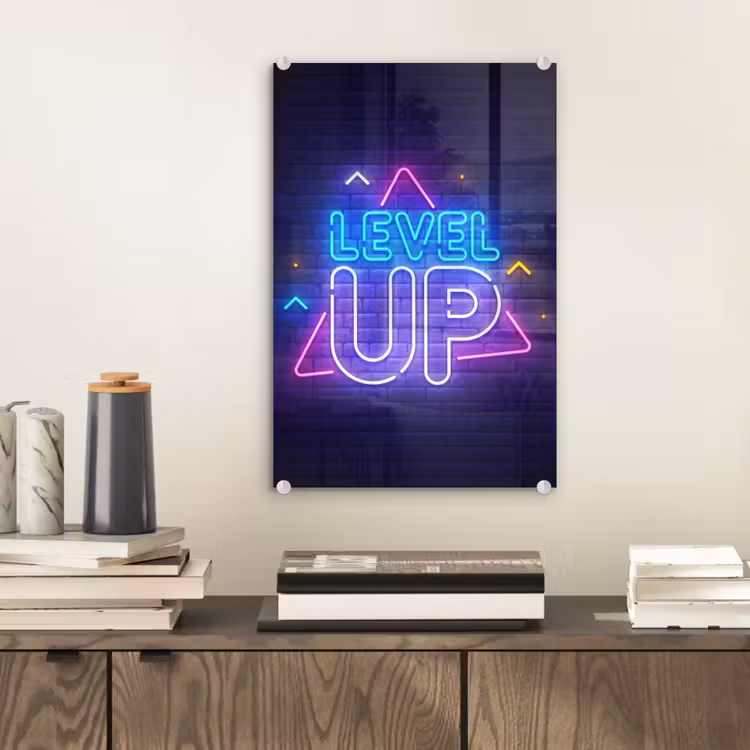 Glas schilderij - Gaming - Neon - Level Up - Quotes - Gamen — 2