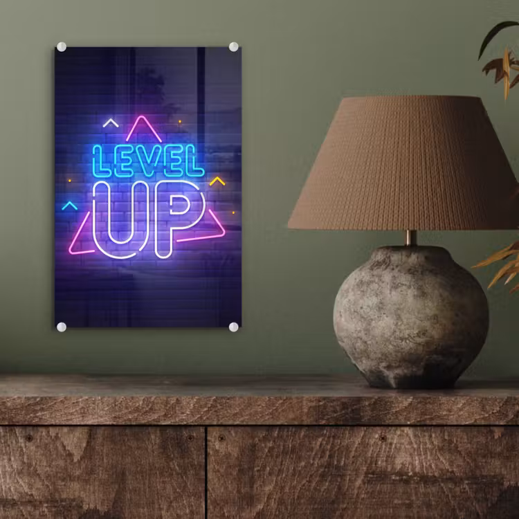 Glas schilderij - Gaming - Neon - Level Up - Quotes - Gamen — 4