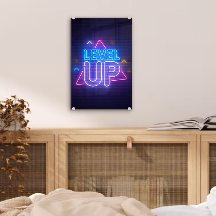 Glas schilderij - Gaming - Neon - Level Up - Quotes - Gamen — 5