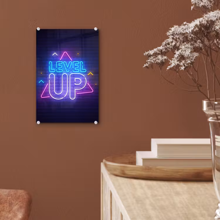 Glas schilderij - Gaming - Neon - Level Up - Quotes - Gamen — 6