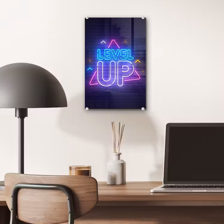 Glas schilderij - Gaming - Neon - Level Up - Quotes - Gamen — 7