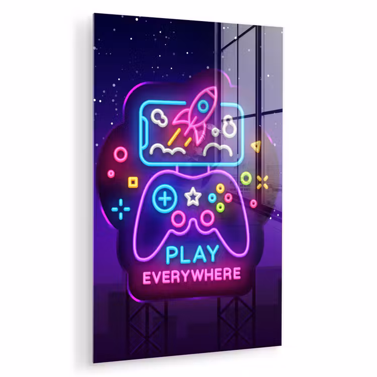Glas schilderij - Gaming - Neon - Play - Blauw - Nacht - Controller — 1